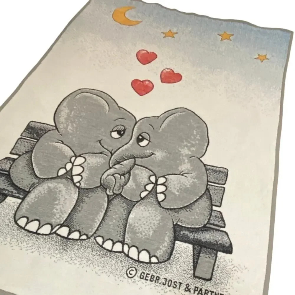 Vintage Elephant Blanket 50 x 70 Love Star Moon Hearts 1980s Biederlack Retro
